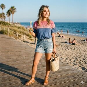 Vtg Lizsport Vintage Pink Blue Paisley Floral Colorblock Cotton T-Shirt One Sz